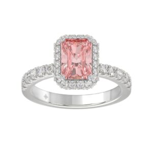 14K White Gold 4.00Ct Round Diamond Halo Ring For Women 3.00Ct Pink Radiant Cut Center Stone With Round Diamond Halo (Color F-G -Clarity Vs1/Vs2)