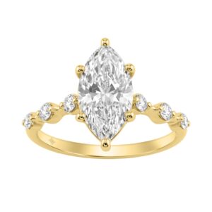 Women 14K Yellow Gold 2 1/4Ct Lab Grown Diamond Ring Marquise Cut With Round Side Stone Engagement Ring 2.00Ct Marquise Center Stone (Color F-G -Clari