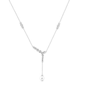 14K White Gold Pearl Drop Necklace For 1/2Ct Round Diamond Luxury Ladies Jewelry (Color F-G -Clarity Vs1/Vs2)