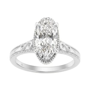 LADIES 14K White Gold 2 1/6Ct Diamond Engagement Ring Elongated Oval Cut Center With Round Side Stones, Elegant Fine Ring 2Ct Oval Center Stone (Color