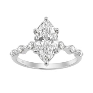 Women 14K White Gold 2 1/4Ct Lab Grown Diamond Ring Marquise Cut With Round Side Stone Engagement Ring 2.00Ct Marquise Center Stone (Color F-G -Clarit
