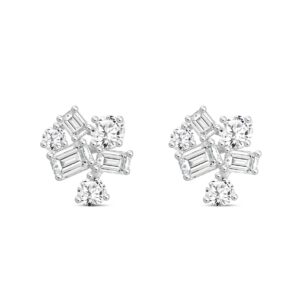 LADIES STUD EARRINGS 3 1/2CT EMERALD/ROUND DIAMOND 14K WHITE GOLD
