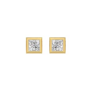 LADIES SOLITAIRE EARRINGS 1CT PRINCESS DIAMOND 14K YELLOW GOLD