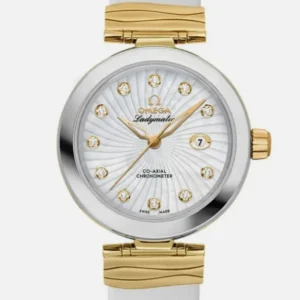 Omega De Ville Ladymatic Supernova Patterned White Mother of Pearl Dial Set with Diamonds Dial on Leather Ref. 425.22.34.20.55.002 with Card