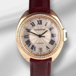 Cartier Cle Silver Roman Dial on Maroon Leather Ref. 3854 with Papers 2019