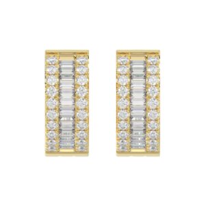 LADIES HOOP EARRINGS 3/8CT ROUND/BAGUETTE DIAMOND 14K YELLOW GOLD