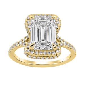 14K Yellow Gold 4 1/2Ct Ladies Emerald-Cut Hidden Halo Engagement Ring 4Ct Emerald Center Stone & Round Diamond (Color F-G -Clarity Vs1/Vs2)