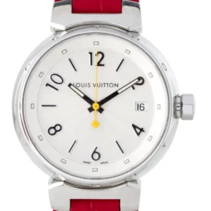 Louis Vuitton Tambour Silver Arabic Numerals Dial on Red Leather Band Ref. Q1310