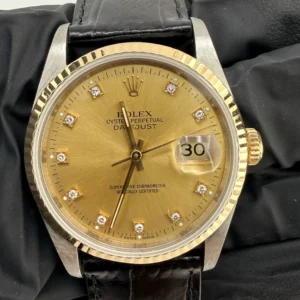 Rolex Datejust Champagne Diamond Factory Dial on Generic Black Leather Band Ref. 16233G