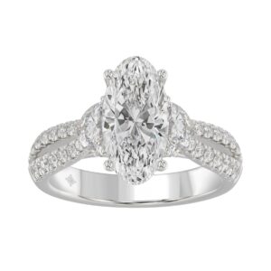 Ladies 14K White Gold ladies Ring Featuring Round Half-Moon & Baguette Diamonds 3.00CT  Oval  Center stone (Color F-G -Clarity VS1/VS2)