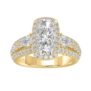 Ladies 14K Yellow Gold 3 1/2CT Featuring Fashion Ring  with Round, Pear & Cushion Diamond 2.00CT  Cushion  Center stone (Color F-G -Clarity VS1/VS2)
