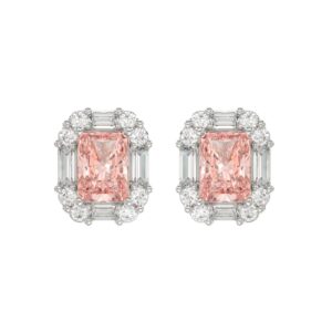 14K WHITE GOLD CRAFTED WITH 18K YELLOW GOLD BACK PLATE 1 1/3CT ROUND/PINK RADIANT/BAGUETTE DIAMOND LADIES EARRINGS