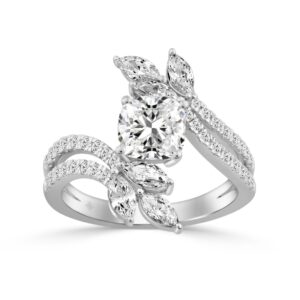 14K WHITE GOLD 1 1/2CT ROUND/MARQUISE/CUSHION DIAMOND LADIES RING (CENTER STONE CUSHION DIAMOND 1/2CT)