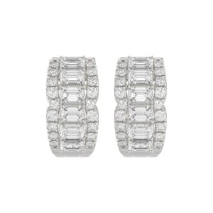 14K WHITE GOLD 1 3/4CT ROUND/EMERALD DIAMOND HOOP EARRINGS