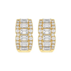 14K YELLOW GOLD 1 3/4CT ROUND/EMERALD DIAMOND HOOP EARRINGS