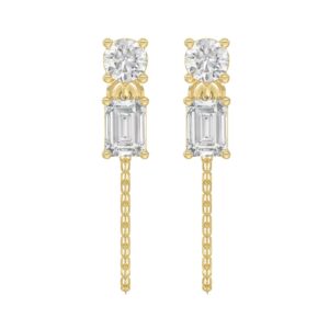10K Yellow Gold 3/4CT Emerald/Round cut Diamond Elegant Ladies Earring (Color F-G -Clarity VS1/VS2)