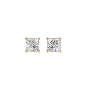 LADIES SOLITAIRE EARRINGS 1CT PRINCESS DIAMOND 14K YELLOW GOLD